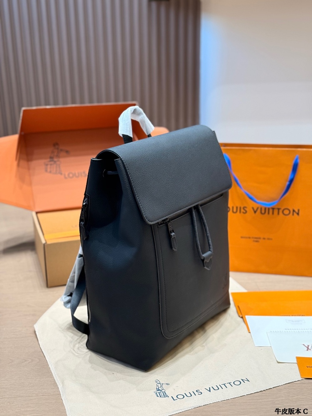 Louis Vuitton Black Leather Laptop Backpack with Flap